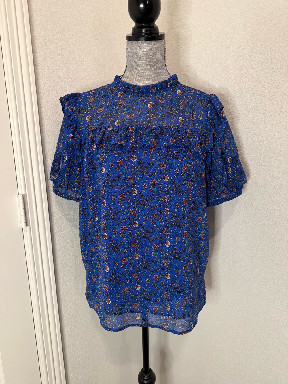 LOFT Royal Blue Floral Ruffle Mock Neck Blouse